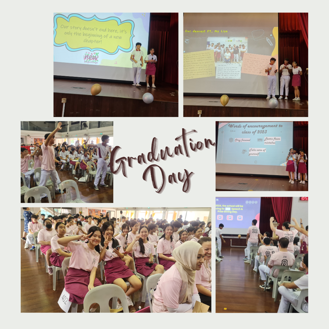 A collage of school Graduation Day photos showing students in pink uniforms at a ceremony with presentation slides.